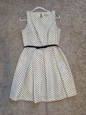 dressbarn White Polka Dot Fit-and-Flare Dress with Black Belt